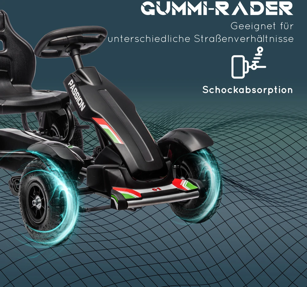 HOMCOM vaikiškas kartingas, minamas automobilis su rankiniu stabdžiu, reguliuojama sėdyne, pedalais, skirtas 5-12 metų vaikams, lauko pramogoms, juodas