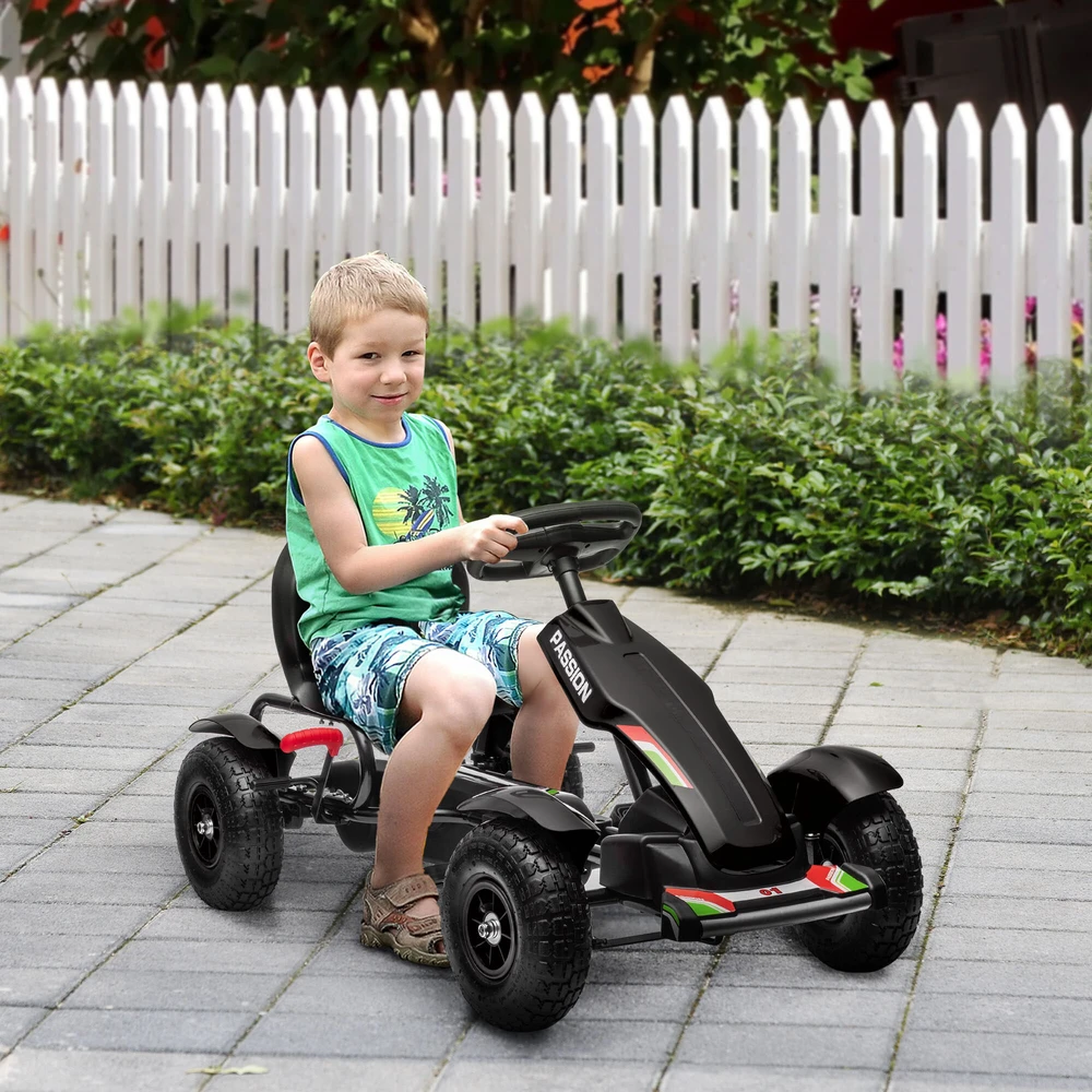 HOMCOM vaikiškas kartingas, minamas automobilis su rankiniu stabdžiu, reguliuojama sėdyne, pedalais, skirtas 5-12 metų vaikams, lauko pramogoms, juodas