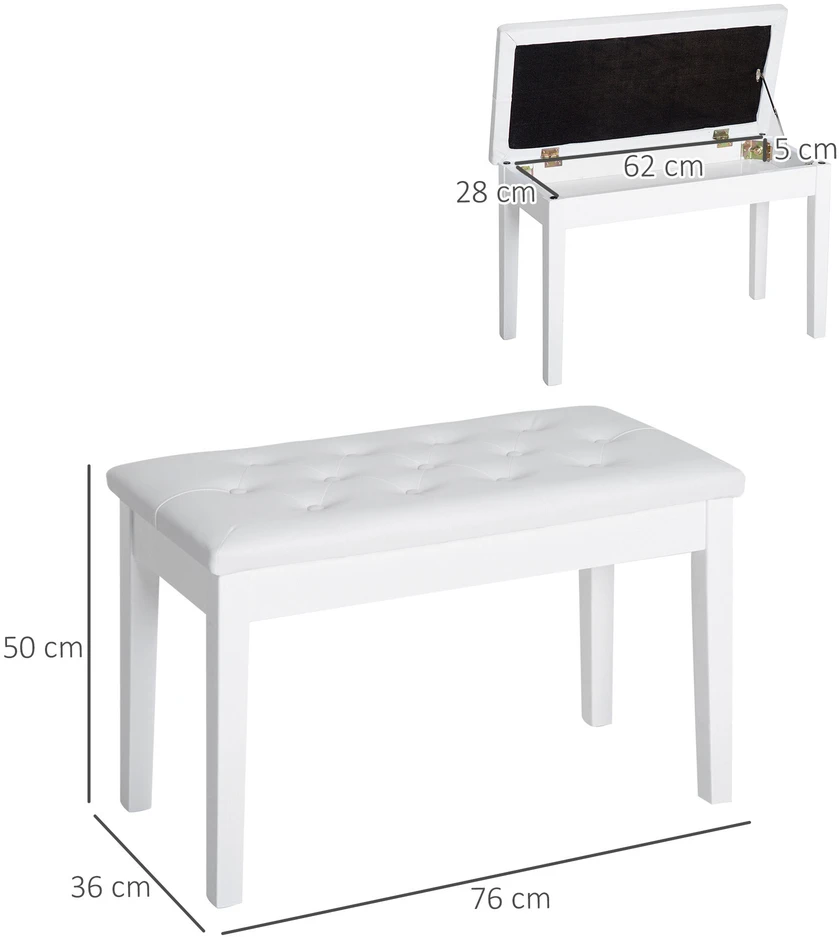 HOMCOM pianino kėdė, suoliukas pianinui, tradicinio kaimiško stiliaus kosmetinė kėdutė su daiktadėže, guminmedis, dirbtinė oda, balta, 76 x 36 x 50 cm