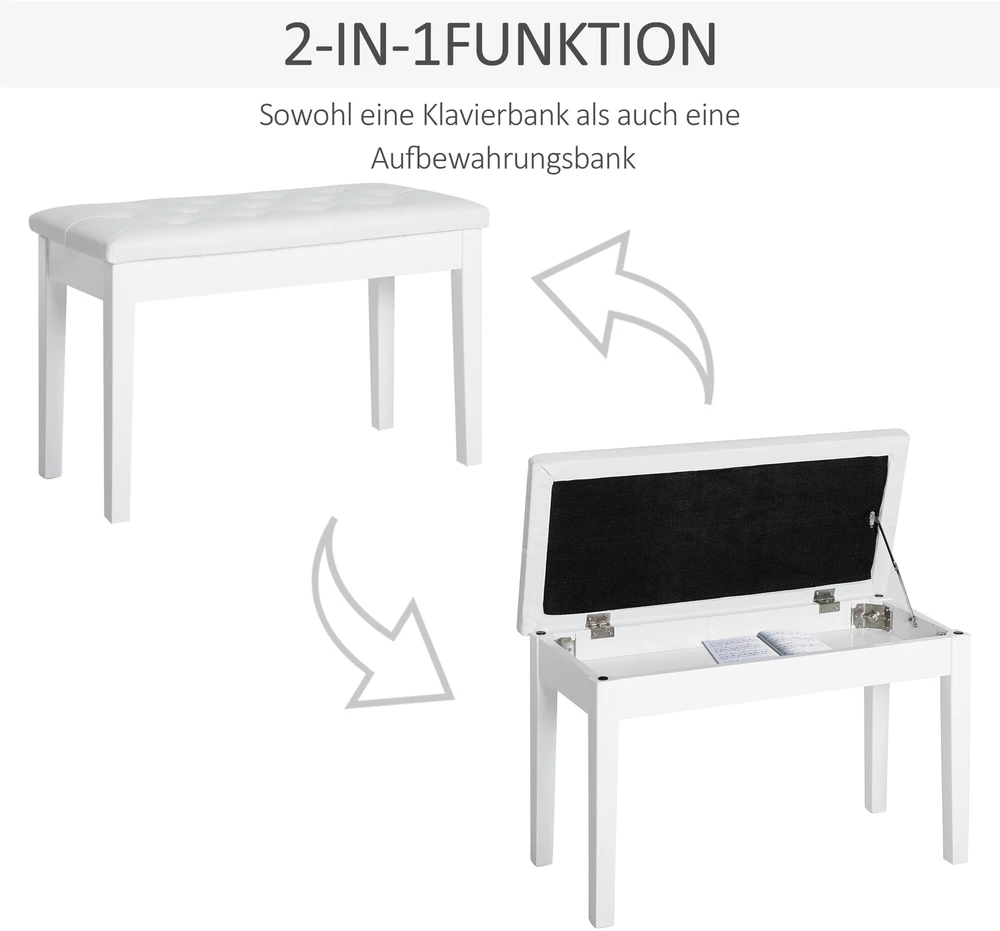 HOMCOM pianino kėdė, suoliukas pianinui, tradicinio kaimiško stiliaus kosmetinė kėdutė su daiktadėže, guminmedis, dirbtinė oda, balta, 76 x 36 x 50 cm