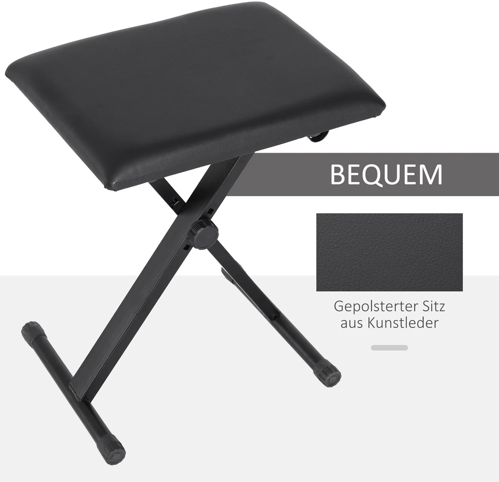 HOMCOM pianino kėdė, pianino suoliukas, reguliuojamo aukščio, sulankstomas, metalas, dirbtinė oda, porolonas, juoda, 39 x 29 x 37-47 cm