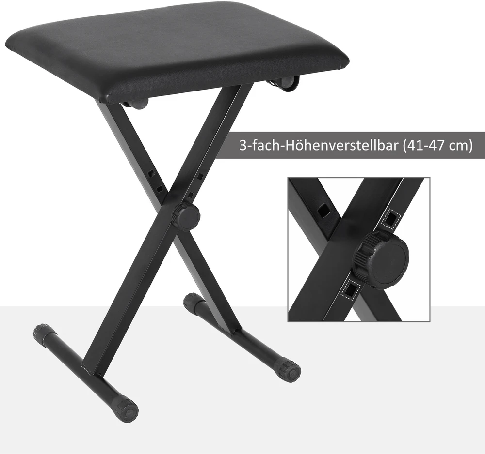 HOMCOM pianino kėdė, pianino suoliukas, reguliuojamo aukščio, sulankstomas, metalas, dirbtinė oda, porolonas, juoda, 39 x 29 x 37-47 cm
