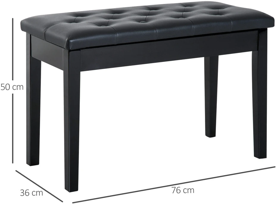 HOMCOM pianino suoliukas fortepijono suoliukas tradicinio kaimo stiliaus kosmetinis suoliukas su daiktadėže medinis odos imitacijos juodas 76 x 36 x 50 cm