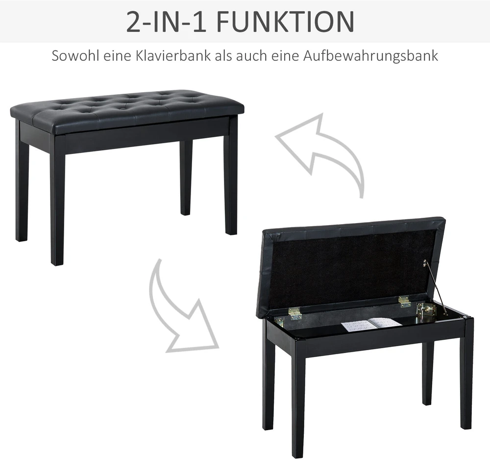 HOMCOM pianino suoliukas fortepijono suoliukas tradicinio kaimo stiliaus kosmetinis suoliukas su daiktadėže medinis odos imitacijos juodas 76 x 36 x 50 cm