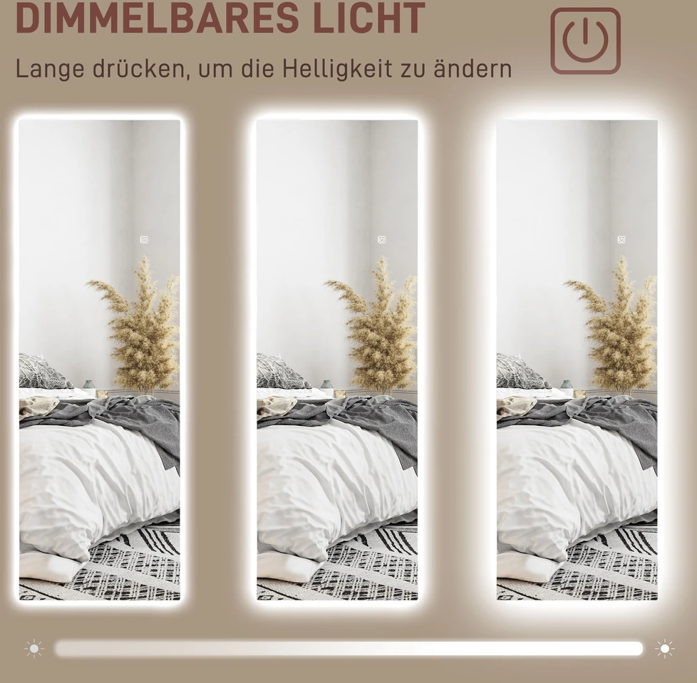HOMCOM viso ilgio veidrodis 40 x 120 cm stovintis veidrodis su LED apšvietimu, sieninis veidrodis su jutikliniu valdymu, berėmis grindų veidrodis, skirtas miegamajam, svetainei