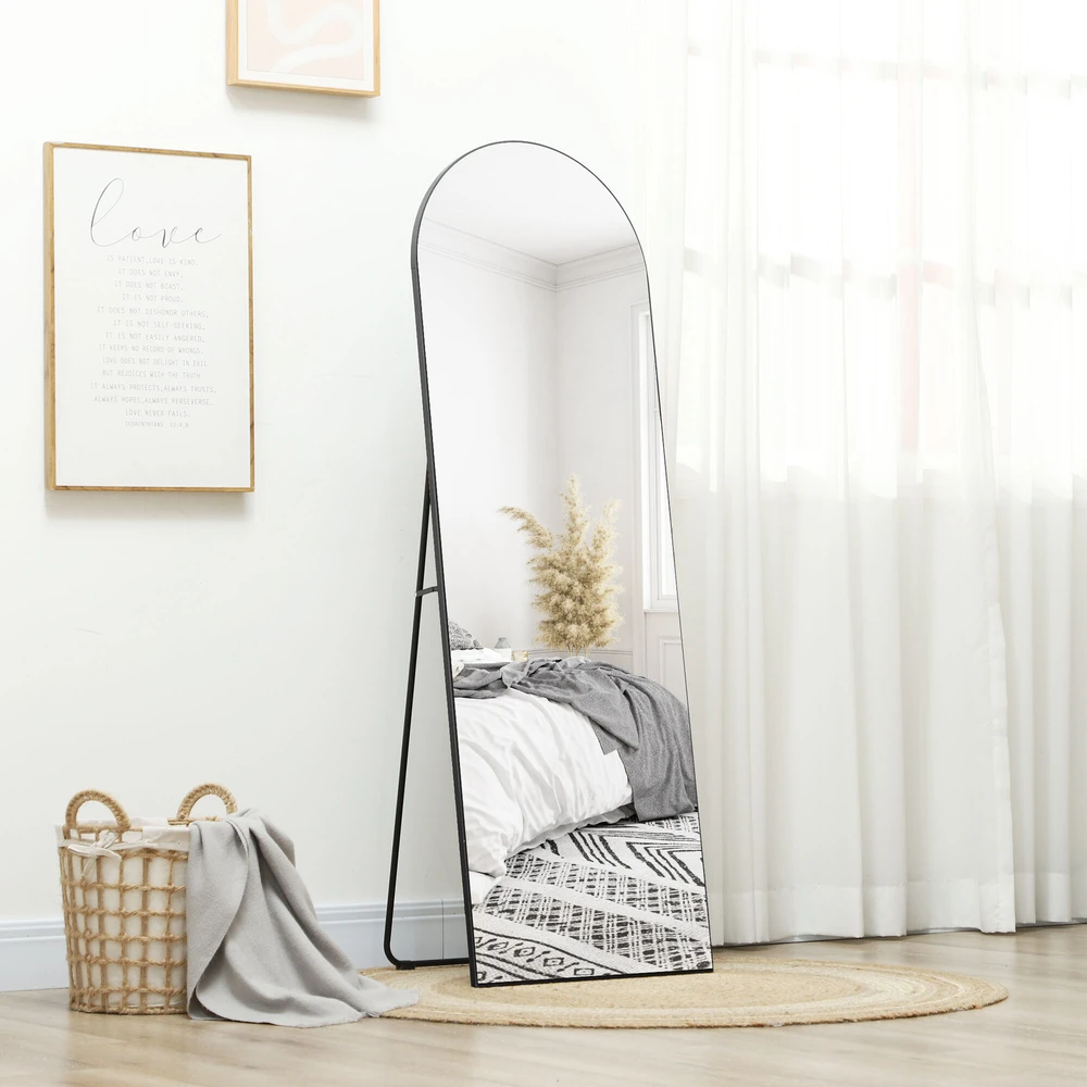 HOMCOM veidrodis per visą ūgį, 150 x 50 cm sieninis veidrodis su stovu, arkos formos dizainas, pastatomas veidrodis su apsaugine plėvele nuo dūžių, svetainei, miegamajam, juodas
