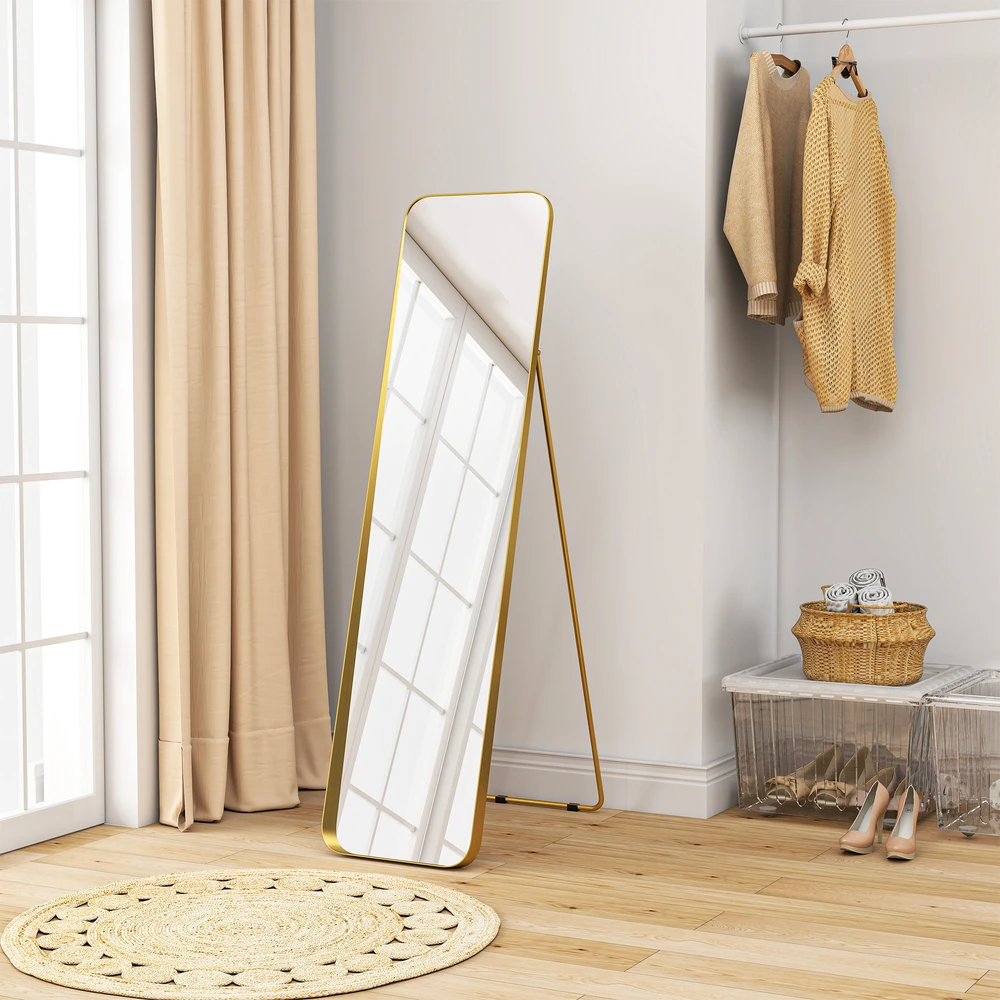 HOMCOM viso ūgio veidrodis 160 x 40 cm, siaurėjantis pastatomas veidrodis su metaliniu rėmu ir dūžiams atspariu stiklu, sieninis veidrodis statymui, atraišai, veidrodis svetainei, miegamajam, prieškambariui, auksinis