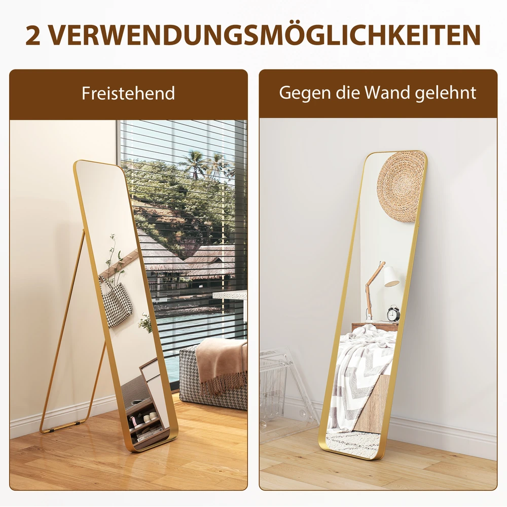 HOMCOM viso ūgio veidrodis 160 x 40 cm, siaurėjantis pastatomas veidrodis su metaliniu rėmu ir dūžiams atspariu stiklu, sieninis veidrodis statymui, atraišai, veidrodis svetainei, miegamajam, prieškambariui, auksinis