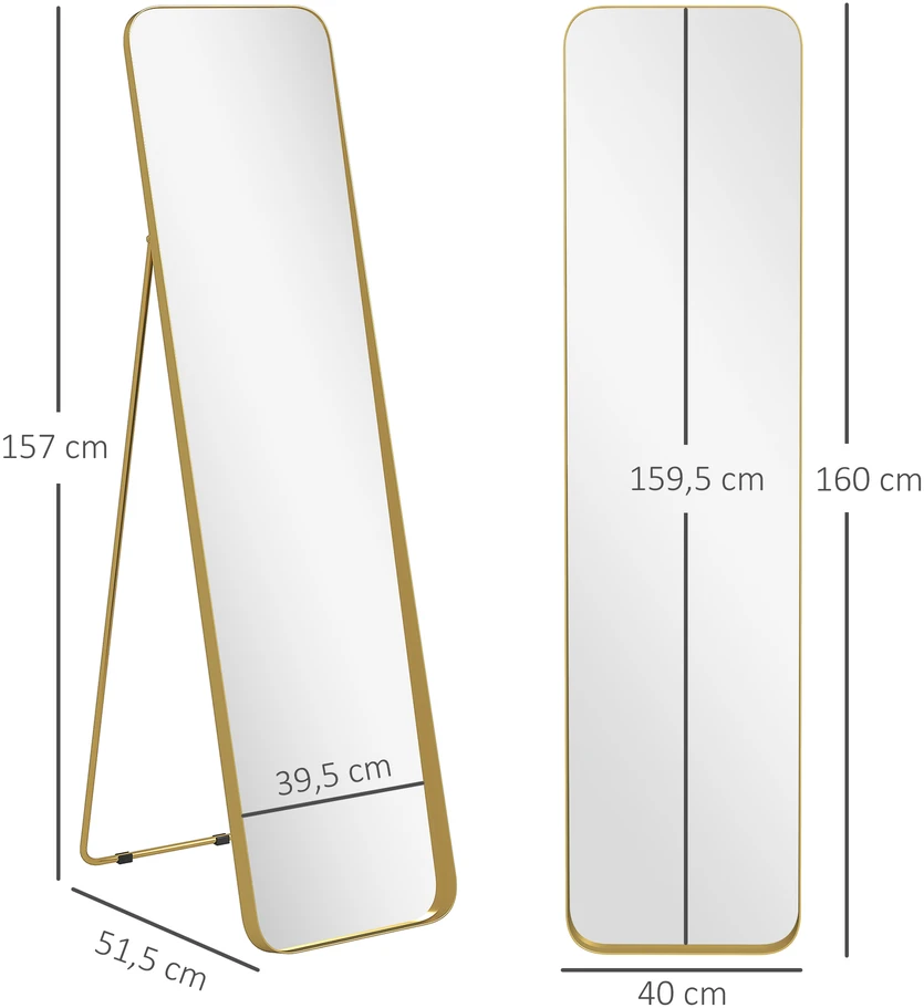 HOMCOM viso ūgio veidrodis 160 x 40 cm, siaurėjantis pastatomas veidrodis su metaliniu rėmu ir dūžiams atspariu stiklu, sieninis veidrodis statymui, atraišai, veidrodis svetainei, miegamajam, prieškambariui, auksinis
