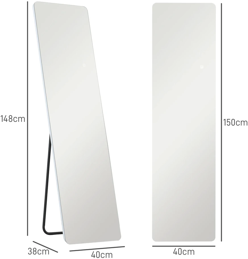 HOMCOM viso ūgio veidrodis, 150 x 40 cm pastatomas veidrodis su LED apšvietimu, 3 šviesos spalvos, sieninis veidrodis su stovu, jutiklinis jungiklis miegamajam, svetainei, skaidrus
