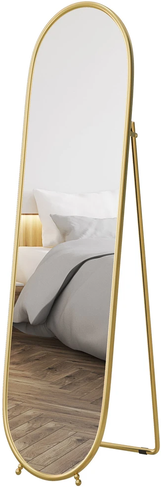HOMCOM veidrodis per visą ūgį, 160 x 40 cm sieninis veidrodis su stovu, metalinis rėmas, ovalus pastatomas veidrodis svetainei, miegamajam, auksinis