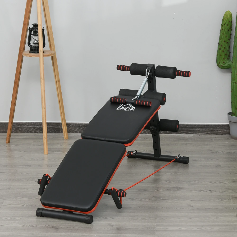 HOMCOM pilvo preso suoliukas, treniruoklis su pasipriešinimo virvėmis, daugiafunkcis, reguliuojamas ir sulankstomas, 110 kg apkrova, plieno, juodas/raudonas