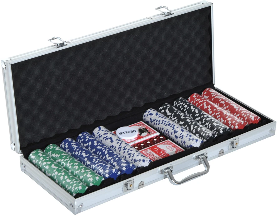 HOMCOM pokerio lagaminas, pokerio rinkinys, 500 žetonų, 2 kortų kaladės, 5 kauliukai, aliumininis lagaminas, pokerio rinkinys, žetonai, lagaminas, aliuminis + polistirenas, 55,5x22x6,5 cm