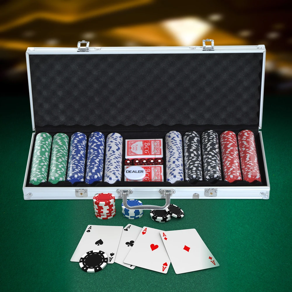 HOMCOM pokerio lagaminas, pokerio rinkinys, 500 žetonų, 2 kortų kaladės, 5 kauliukai, aliumininis lagaminas, pokerio rinkinys, žetonai, lagaminas, aliuminis + polistirenas, 55,5x22x6,5 cm