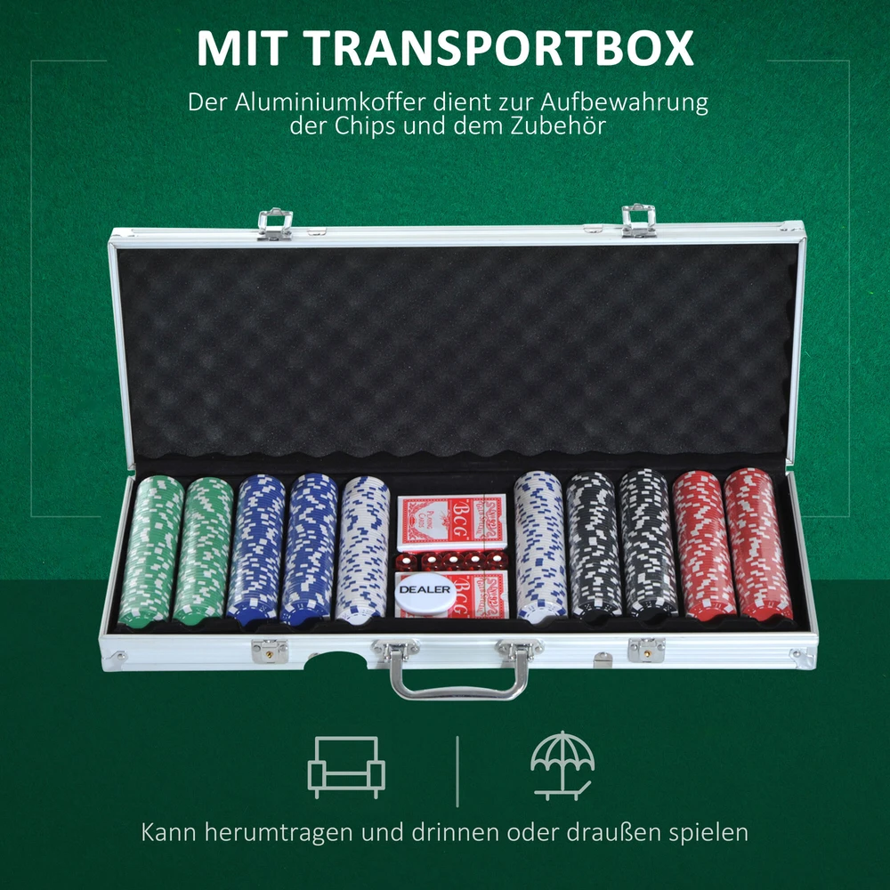 HOMCOM pokerio lagaminas, pokerio rinkinys, 500 žetonų, 2 kortų kaladės, 5 kauliukai, aliumininis lagaminas, pokerio rinkinys, žetonai, lagaminas, aliuminis + polistirenas, 55,5x22x6,5 cm