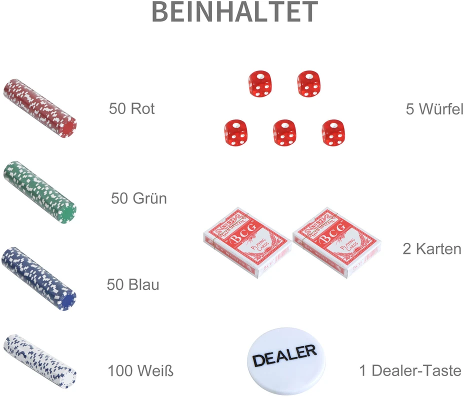 HOMCOM pokerio lagaminas, pokerio rinkinys, 500 žetonų, 2 kortų kaladės, 5 kauliukai, aliumininis lagaminas, pokerio rinkinys, žetonai, lagaminas, aliuminis + polistirenas, 55,5x22x6,5 cm