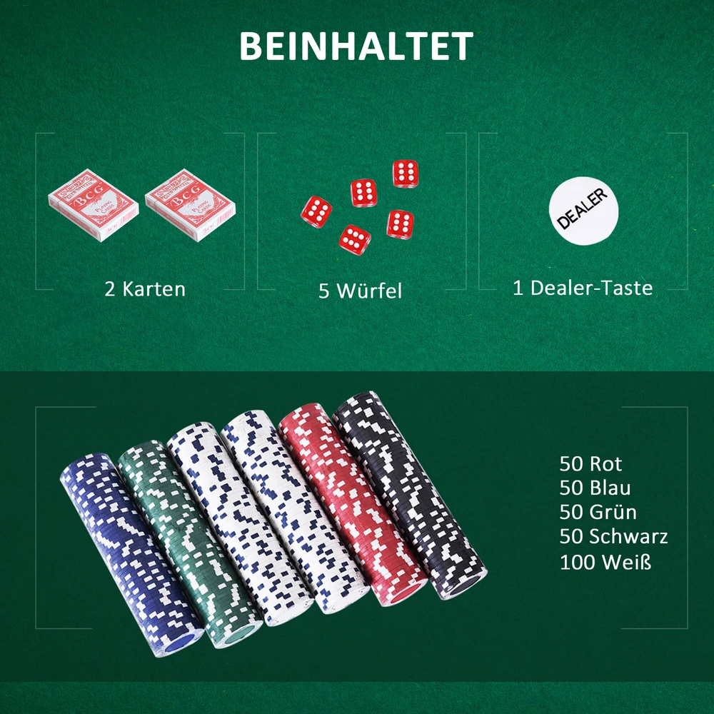 HOMCOM pokerio lagaminas, pokerio rinkinys, 500 žetonų, 2 kortų kaladės, 5 kauliukai, aliumininis lagaminas, pokerio rinkinys, žetonai, lagaminas, aliuminis + polistirenas, 55,5x22x6,5 cm