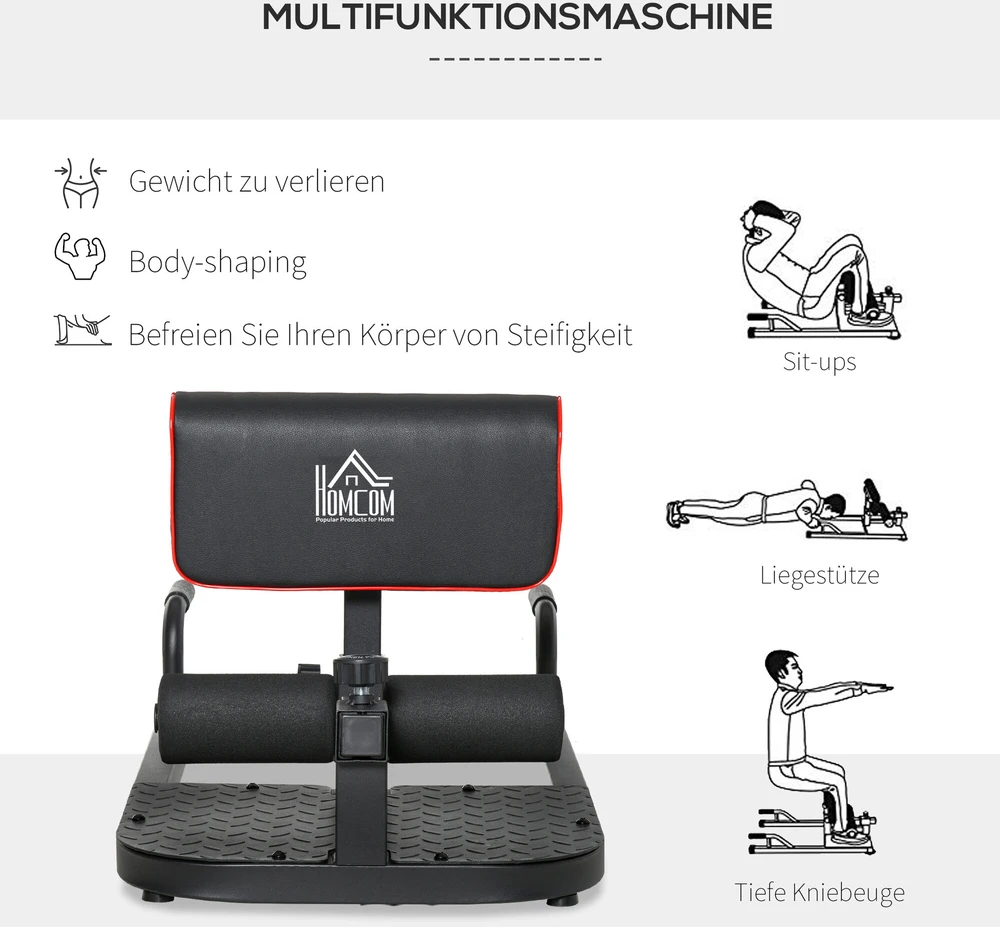 HOMCOM Sissy Squat pritūpimų treniruoklis, kojų ir pilvo presui, 3-in-1, reguliuojamas, iki 120 kg, plieno, juodas, 50x97x44,5–56,5 cm