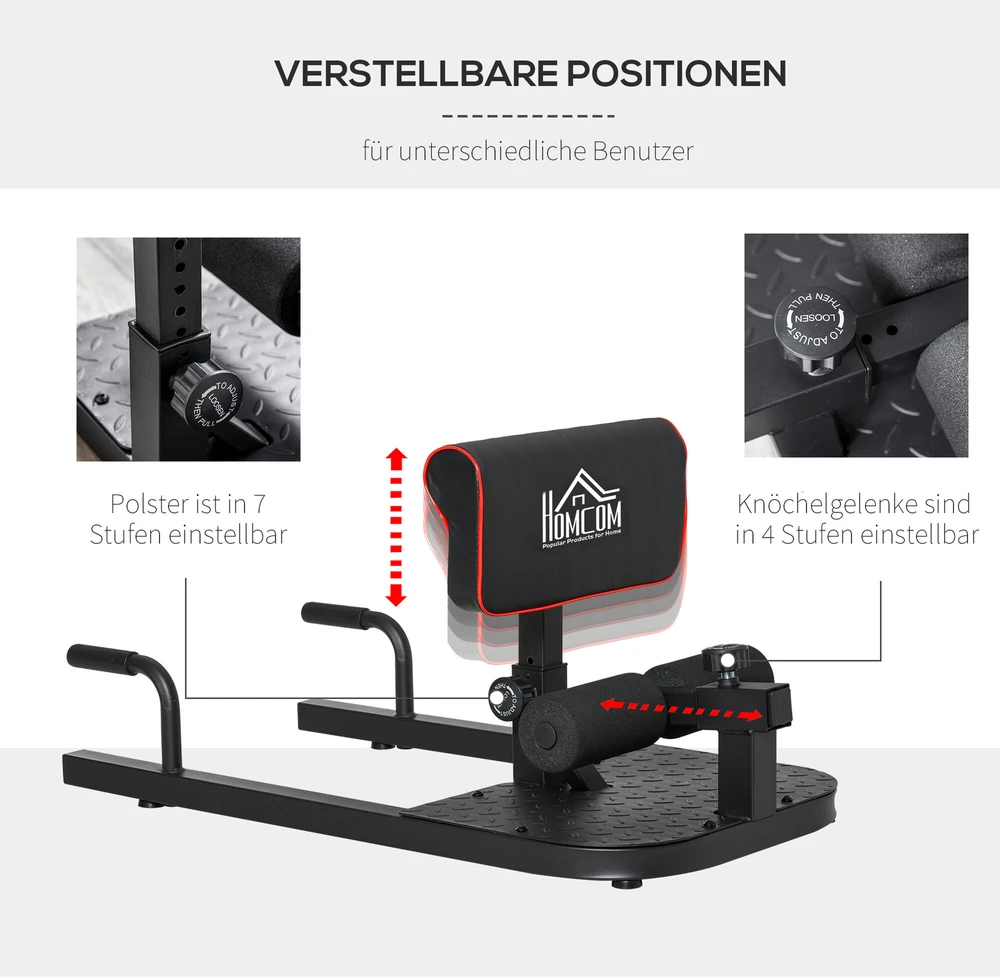 HOMCOM Sissy Squat pritūpimų treniruoklis, kojų ir pilvo presui, 3-in-1, reguliuojamas, iki 120 kg, plieno, juodas, 50x97x44,5–56,5 cm