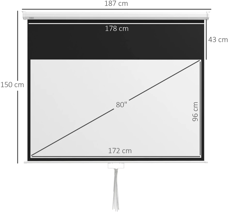Projektorius "HOMCOM" projektoriaus ekranas 172 x 96 cm rankinis projekcinis ekranas, ritininis ekranas 4K, HD, namų kino ir prezentacijų ekranas, baltos spalvos