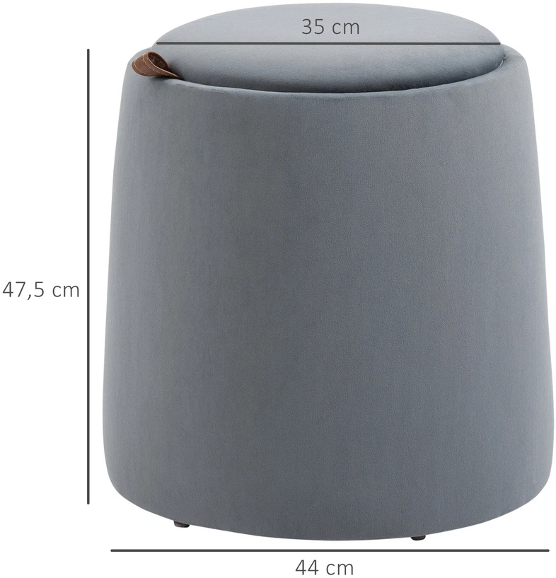 HOMCOM 2-in-1 pufas, apvalus aksominės išvaizdos sėdimas pufas su daiktadėže, pilkas, nuimamas dangtis, Ø44 cm x 47,5 cm, kaip pagalbinis staliukas