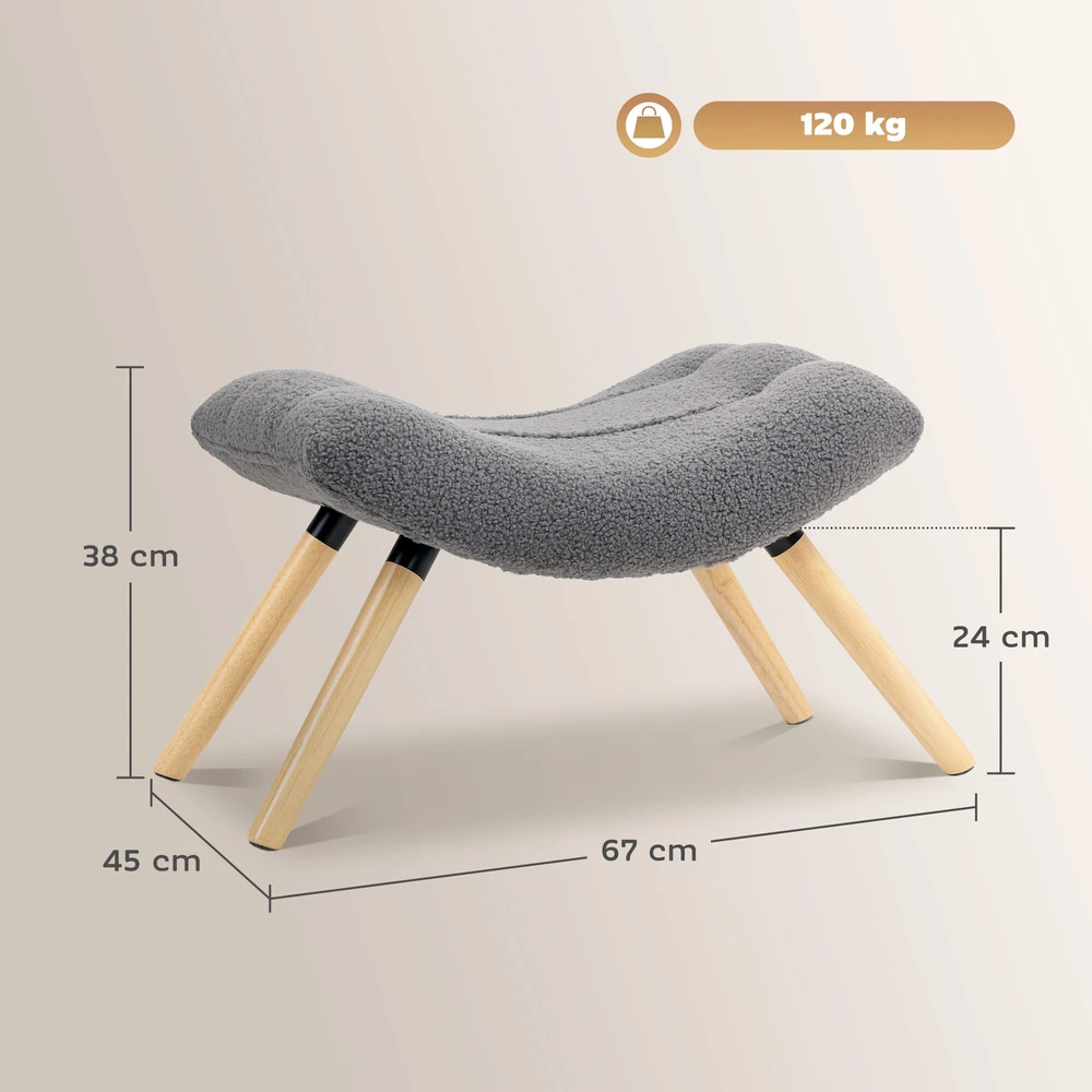 HOMCOM sėdimas pufas, pufas kojoms su „Berber“ vilnos audiniu, paminkštintas pufas, atlaikantis iki 120 kg, svetainei, miegamajam, 67 x 45 x 38 cm, tamsiai pilkas