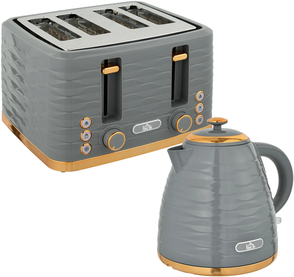 Skrudintuvas HOMCOM virdulio ir skrudintuvo rinkinys, pusryčių komplektas su 1,5 l virduliu, 4 riekelių skrudintuvu, 3000 W, 7 skrudinimo lygiais, atitirpinimo, pašildymo funkcijomis ir trupinių padėklu, „Otter“ termostatas, pilkas