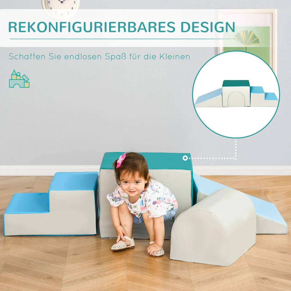 HOMCOM vaikiškų kaladėlių rinkinys, 4 vnt. minkštų putplasčio kaladėlių rinkinys, lengvai valomas, minkštas užpildas, 1-3 metų vaikams, šviesiai pilka + mėlyna + žalia