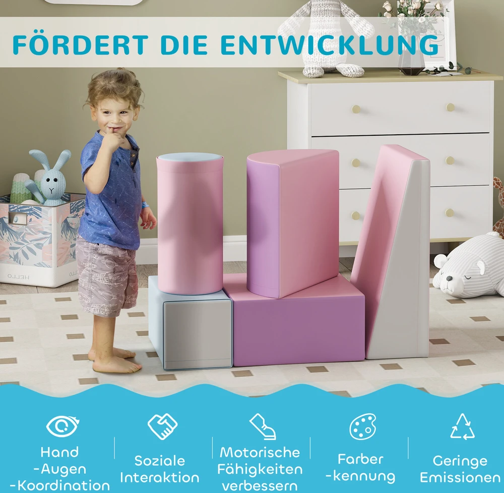 HOMCOM minkštųjų kaladėlių rinkinys, 5 vnt., putplasčio statybinės kaladėlės, didelės kaladėlės, statybinis žaislas, putplasčio blokai 1-3 metų vaikams, dirbtinė oda, EPE
