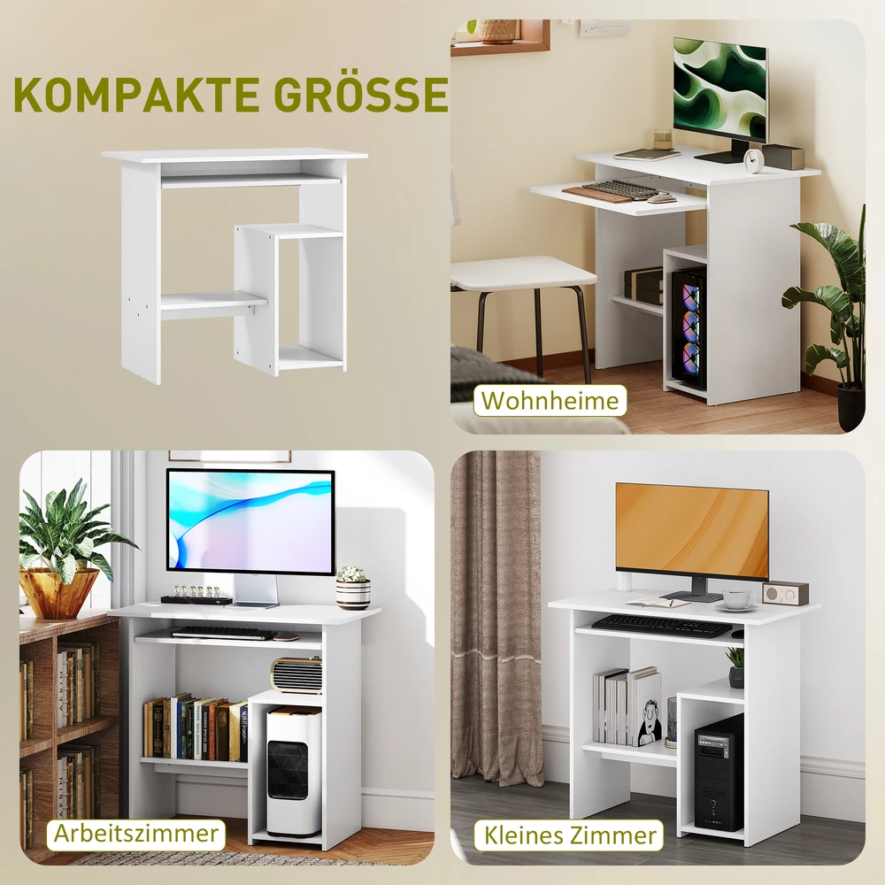 HOMCOM rašomasis stalas, 80 x 45 cm, kompiuterio stalas, biuro stalas su klaviatūros padėklu, atviromis lentynomis ir laikymo vietomis, medžio drožlių plokštė, namų biurui, miegamajam, baltas