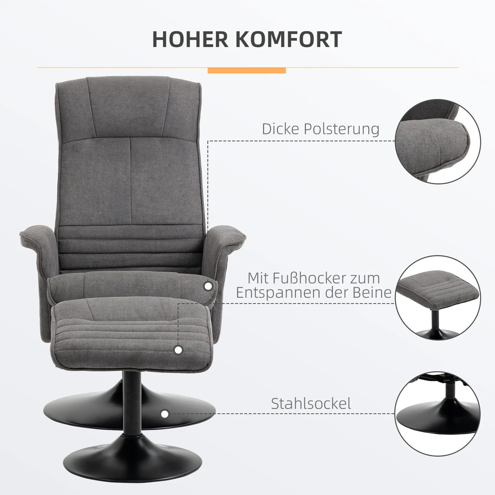Fotelis HOMCOM poilsio krėslas su kojų atrama, 360° besisukantis televizoriaus krėslas, reguliuojamas atlošas, tamsiai pilkas aksominis, 69 x 71 x 104 cm