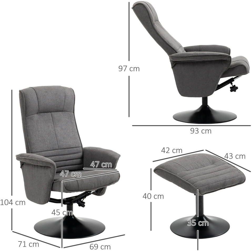 Fotelis HOMCOM poilsio krėslas su kojų atrama, 360° besisukantis televizoriaus krėslas, reguliuojamas atlošas, tamsiai pilkas aksominis, 69 x 71 x 104 cm
