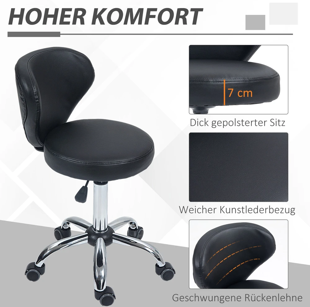 HOMCOM masažinė kėdė su ratukais – pasukama 360° darbo kėdė – reguliuojamo aukščio sėdynė 49-64 cm, ergonomiškas atlošas – chromuotas metalas, aptraukta juoda dirbtine oda