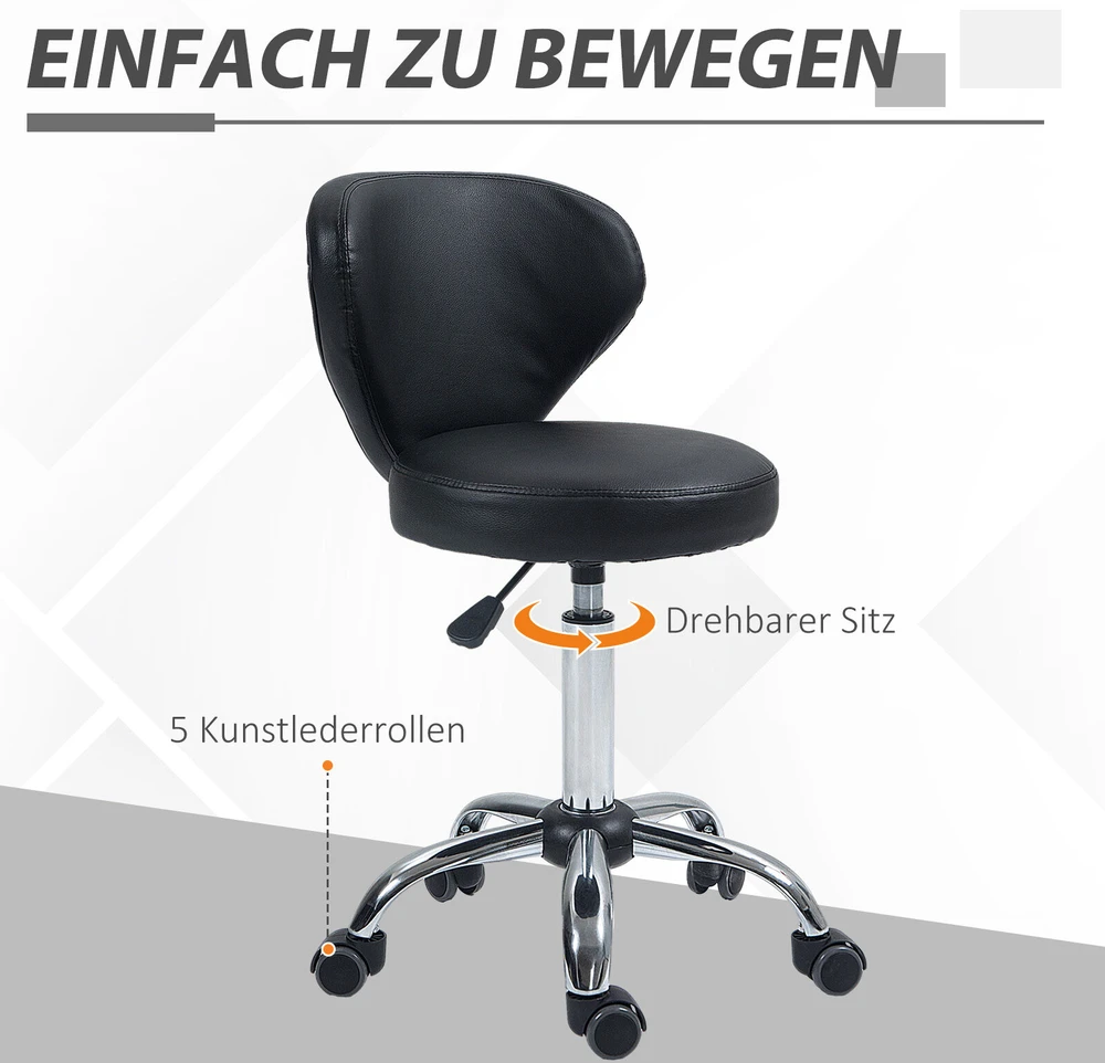 HOMCOM masažinė kėdė su ratukais – pasukama 360° darbo kėdė – reguliuojamo aukščio sėdynė 49-64 cm, ergonomiškas atlošas – chromuotas metalas, aptraukta juoda dirbtine oda
