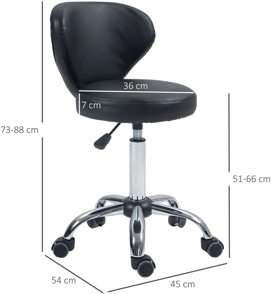 HOMCOM masažinė kėdė su ratukais – pasukama 360° darbo kėdė – reguliuojamo aukščio sėdynė 49-64 cm, ergonomiškas atlošas – chromuotas metalas, aptraukta juoda dirbtine oda