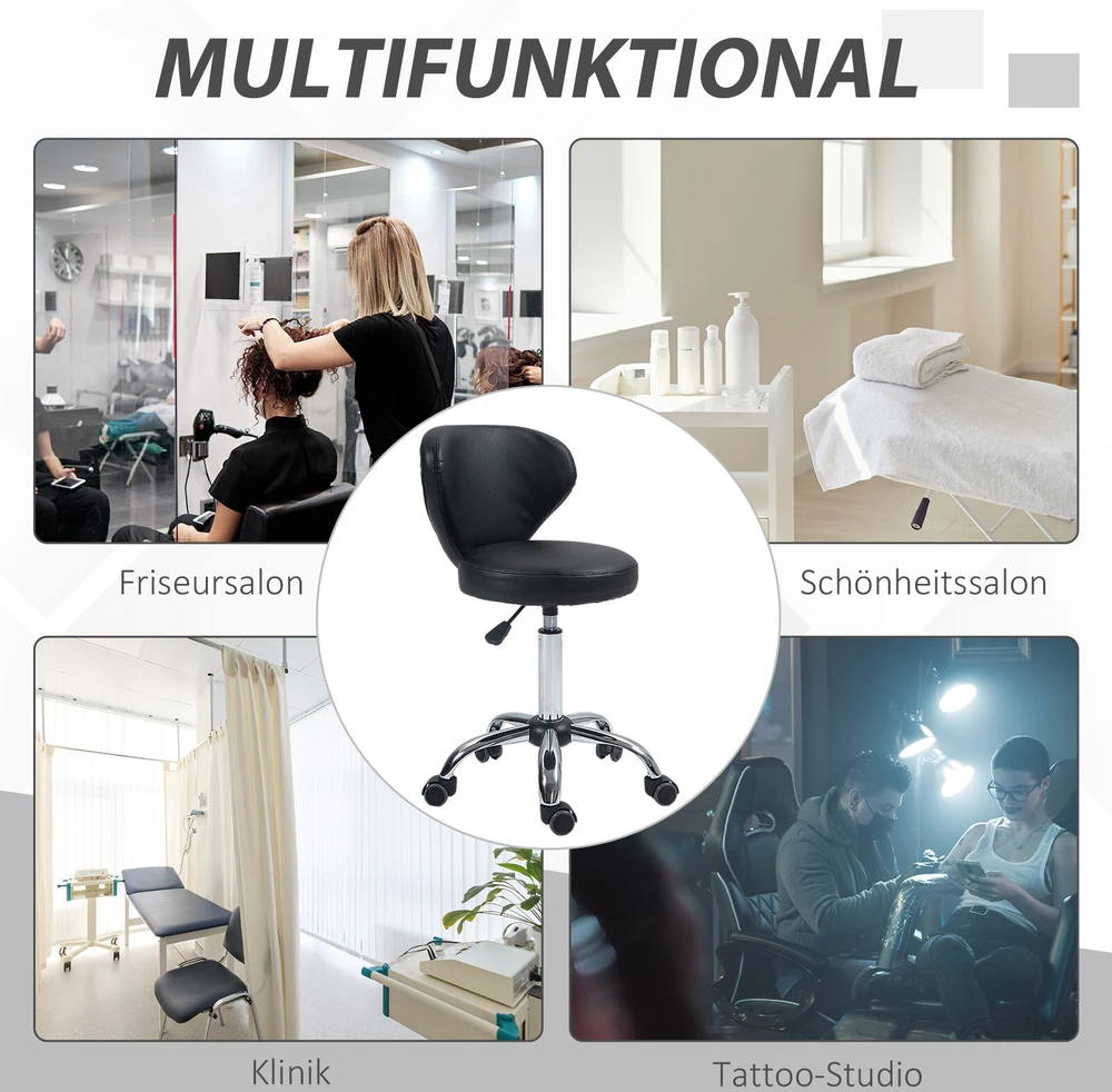 HOMCOM masažinė kėdė su ratukais – pasukama 360° darbo kėdė – reguliuojamo aukščio sėdynė 49-64 cm, ergonomiškas atlošas – chromuotas metalas, aptraukta juoda dirbtine oda