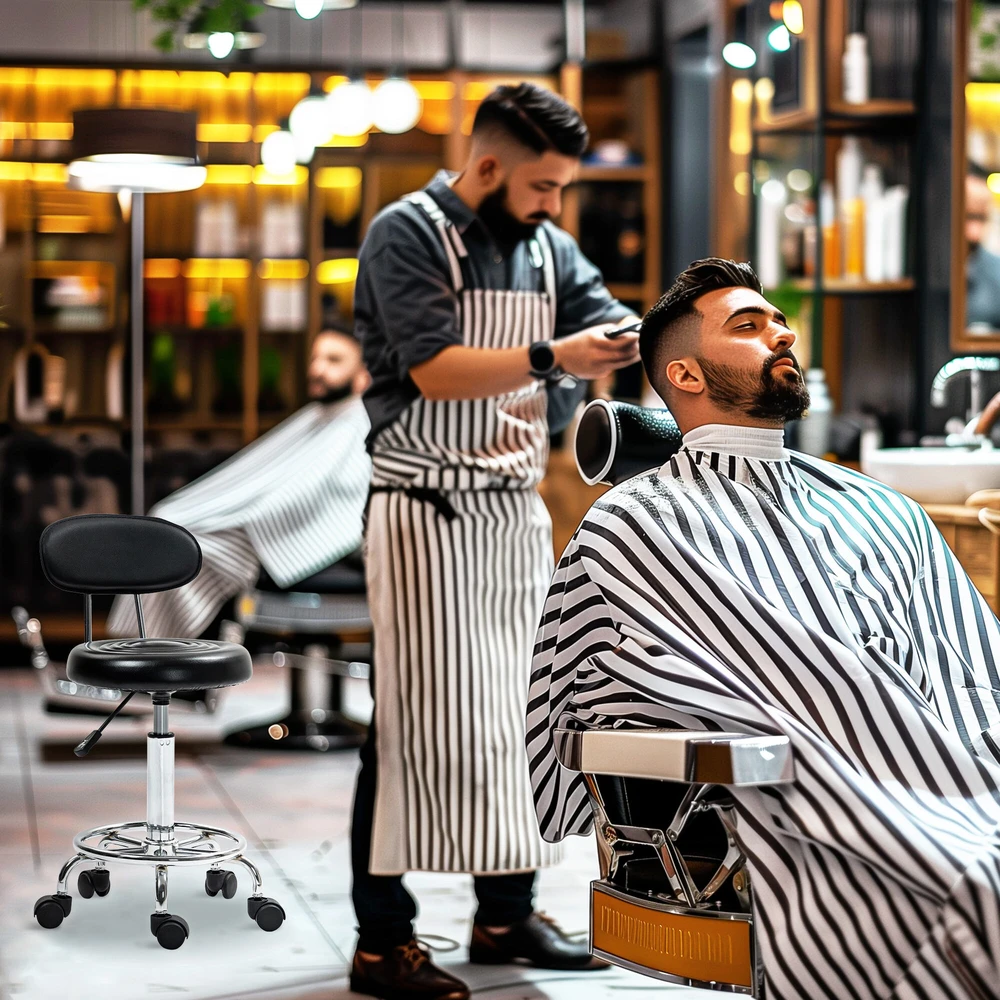 Reguliuojamo aukščio kėdė su ratukais HOMCOM, besisukanti kėdė salonui su atlošu, ratukais, darbo kėdė su reguliuojama kojų atrama biurui, dirbtinė oda, 32 x 40 x 70-86 cm, juoda