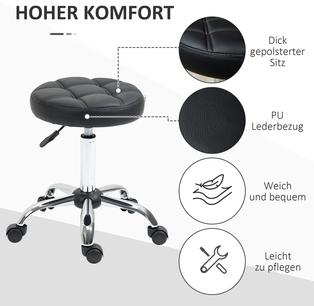 HOMCOM salonų kėdžių rinkinys iš 2 vnt., su ratukais, besisukanti reguliuojamo aukščio kėdė, dirbtinė oda, juoda, Ø35,5x48-63 cm