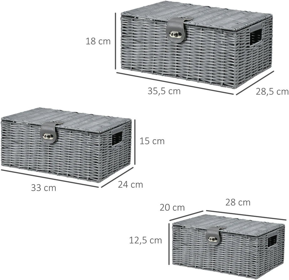 HOMCOM daiktadėžės, 3 vnt. rinkinys su dangčiais ir sagtimis, 18L/12L/7L, svetainei, pilkos