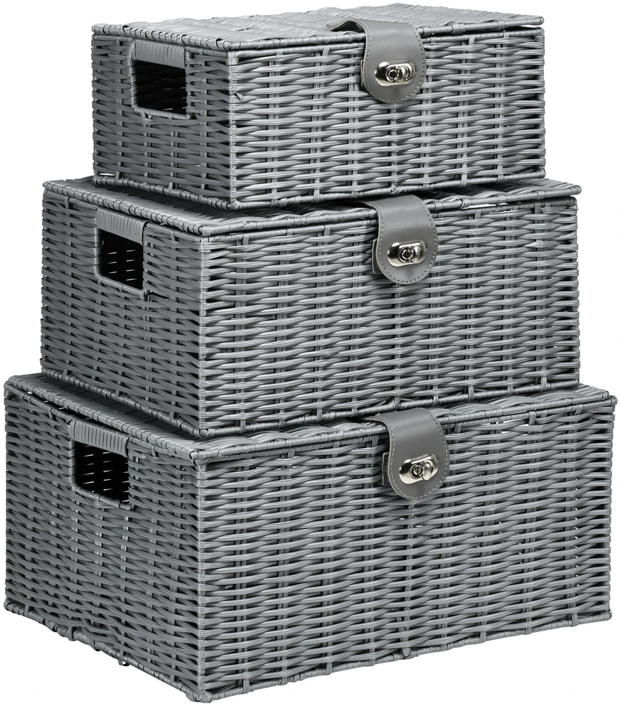 HOMCOM daiktadėžės, 3 vnt. rinkinys su dangčiais ir sagtimis, 18L/12L/7L, svetainei, pilkos