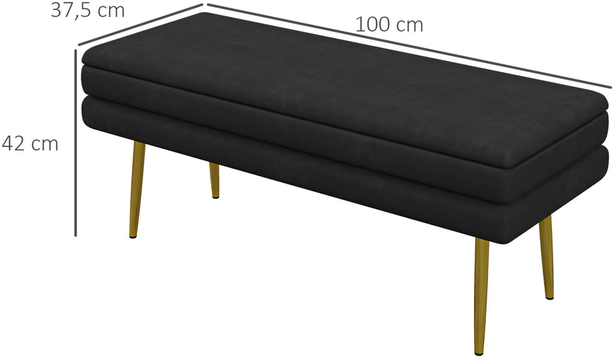 HOMCOM suoliukas su daiktadėže, Apmuštas (Aksomo Išvaizdos), Prie lovos / Batų / Laikymo, Svetainei / Miegamajam, Plieninės Kojos, Juodas, 79,5 x 37,5 x 43 cm