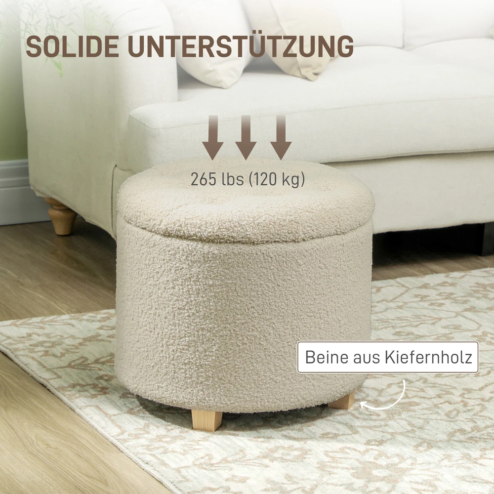 HOMCOM Suoliukas su daiktadėže, minkštas suoliukas su dangčiu, kašmyro išvaizdos lovos suoliukas, prieškambario miegamasis svetainė, medinis rėmas Ø45 x 41 cm, kreminės spalvos, baltas
