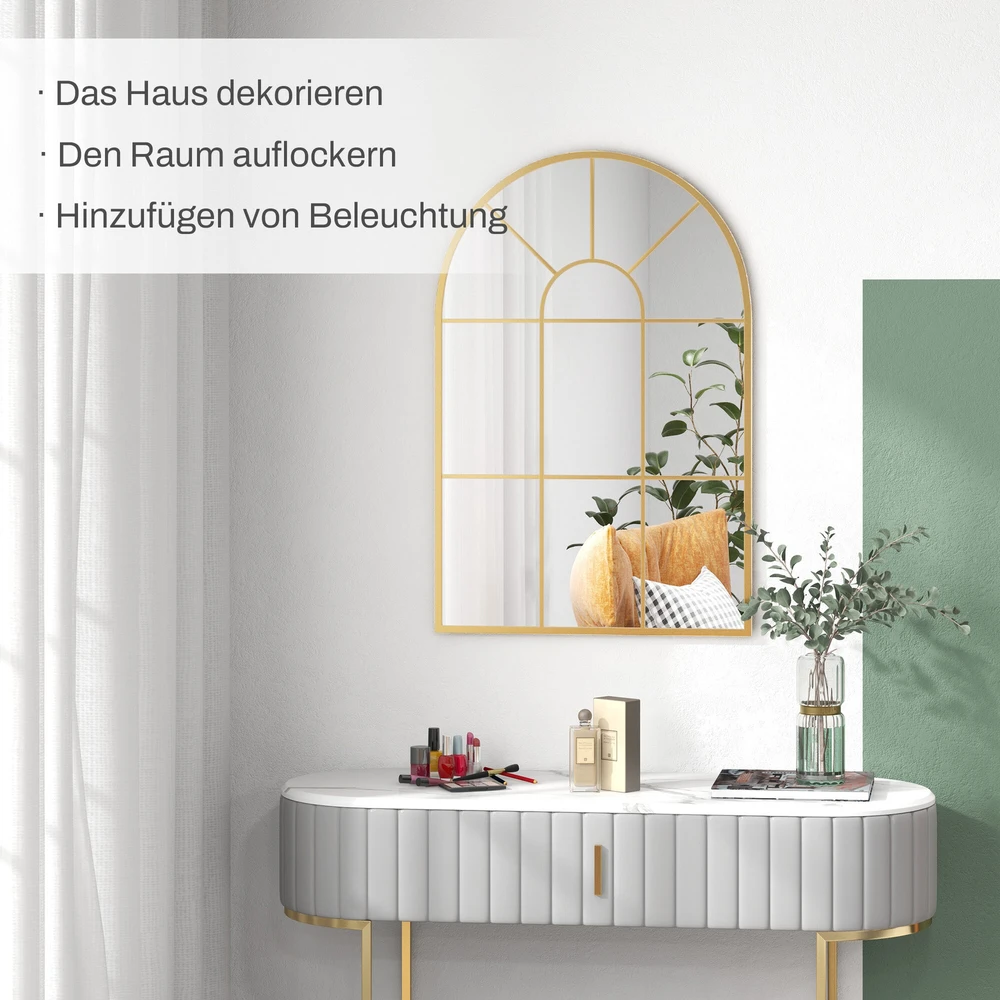 HOMCOM sieninis veidrodis lango dizaino 91 x 60 cm dekoratyvinis veidrodis su metaliniu rėmu pakabinamas veidrodis svetainei, miegamajam, auksinis | Aosom