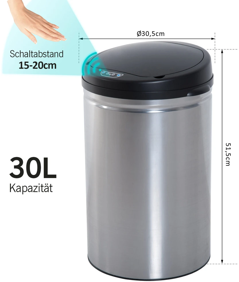 HOMCOM automatinis šiukšlių kibiras su jutikliu, IR jutiklis, apvalus, 30 l, pasirenkamas vidinis kibiras, nerūdijantis plienas