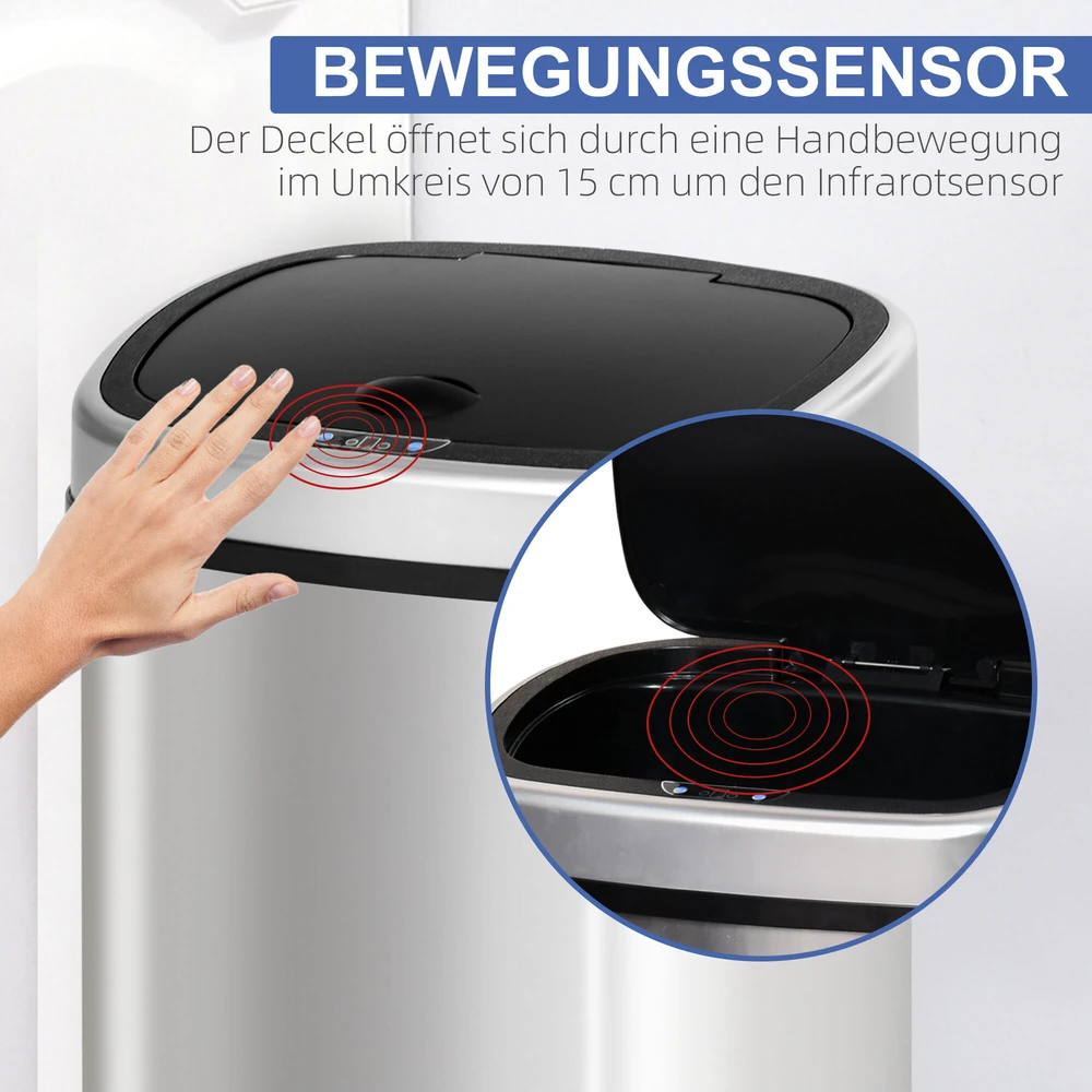 HOMCOM 48L šiukšliadėžė, automatinė virtuvinė šiukšliadėžė su infraraudonųjų spindulių jutikliu, higieniška, nerūdijančio plieno, sidabrinė, 40,5x29,5x68 cm