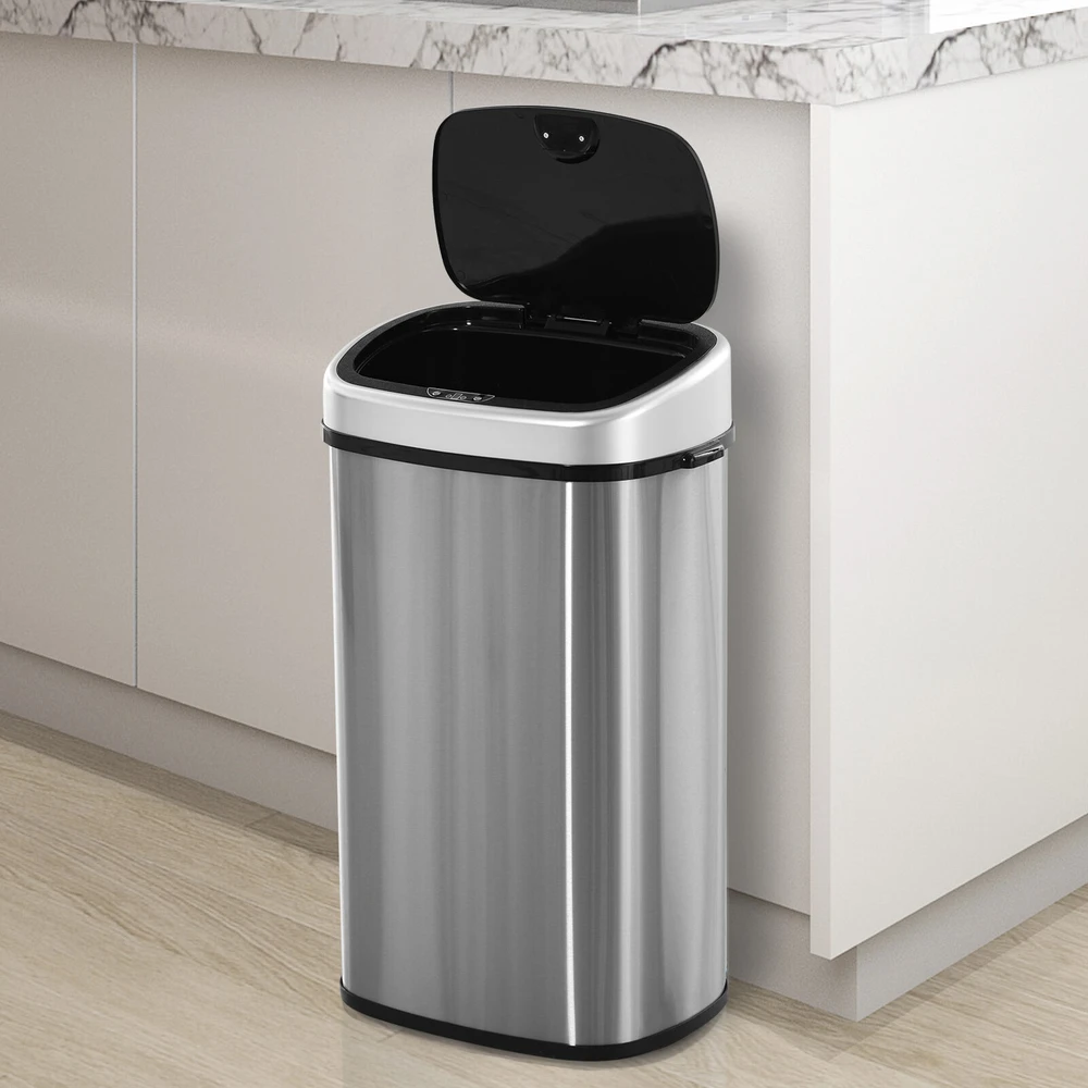 HOMCOM 58L šiukšliadėžė, automatinė su infraraudonųjų spindulių jutikliu, higieniška, didelė, nerūdijantis plienas, sidabrinė, I40,9xP28,9xA68 cm