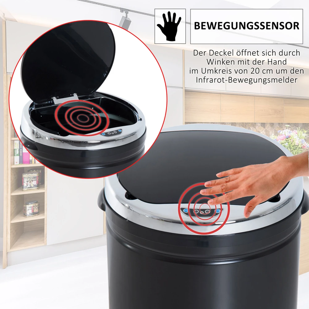 HOMCOM 50L sensorinė šiukšliadėžė, automatinė atliekų dėžė, nerūdijančio plieno virtuvinė šiukšliadėžė, infraraudonųjų spindulių jutiklis, juoda, nerūdijantis plienas