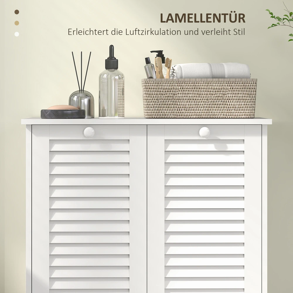 HOMCOM Skalbyklė, vonios kambario spintelė su 2 skalbinių krepšiais, vonios kambario spintelė su rankenėlėmis, žaliuzinėmis durelėmis Vonios kambario baldai 70 x 38 x 73 cm Balta