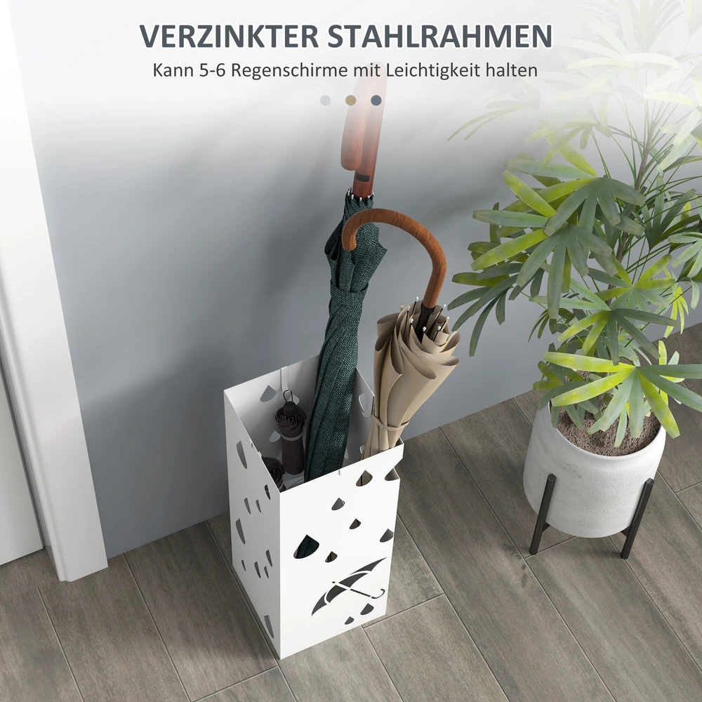 HOMCOM skėčių stovas su 4 kabliukais, vandens surinkimo padėklu, skėčių laikiklis koridoriui, skėčiams ir lazdoms, plieno, 15,5 x 15,5 x 40 cm, baltas