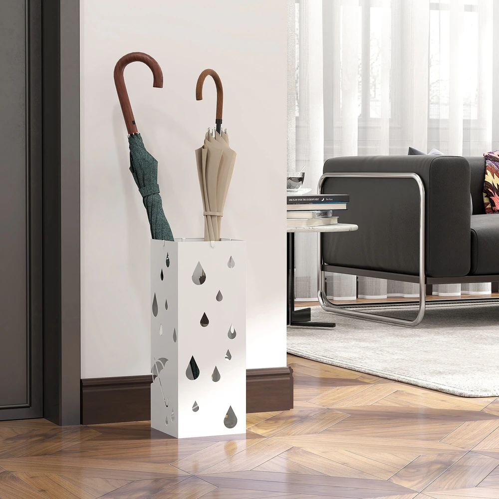 HOMCOM skėčių stovas su 4 kabliukais, vandens surinkimo padėklu, skėčių laikiklis koridoriui, skėčiams ir lazdoms, plieno, 15,5 x 15,5 x 40 cm, baltas